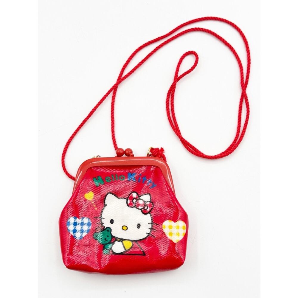 Vintage Hello Kitty Coin Purse Sanrio 1994 Red Kiss Lock Wallet Gingham Hearts